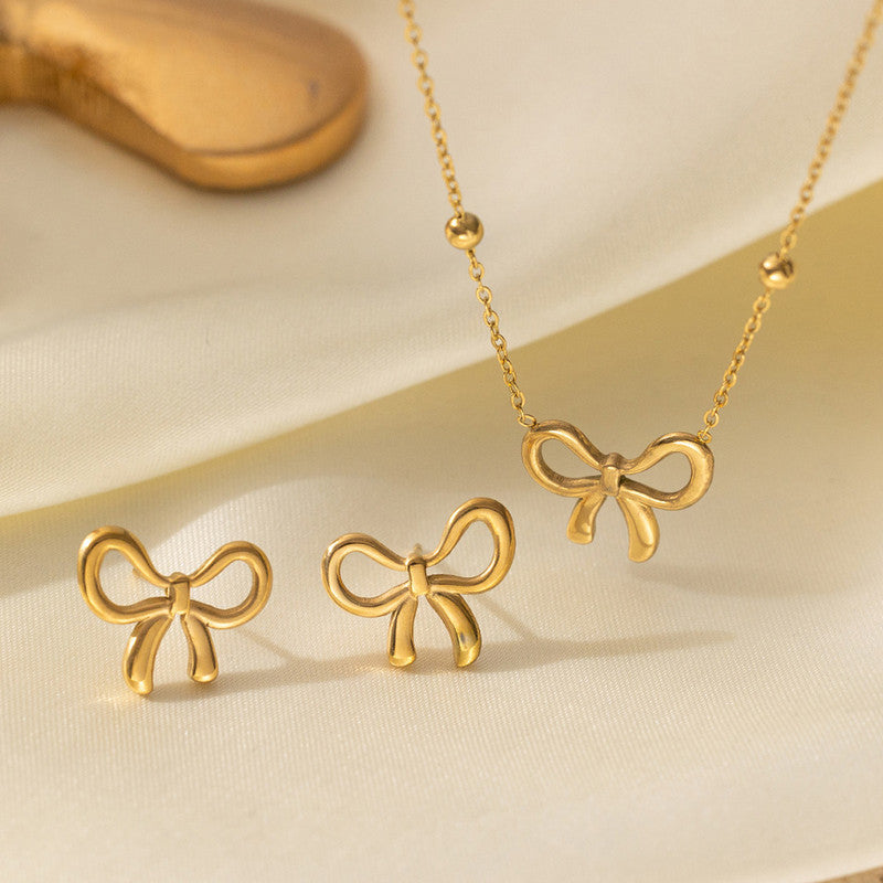 Gold Plated Infinite Bow Themed Jewellery set with chain,Earrings,Bracelet