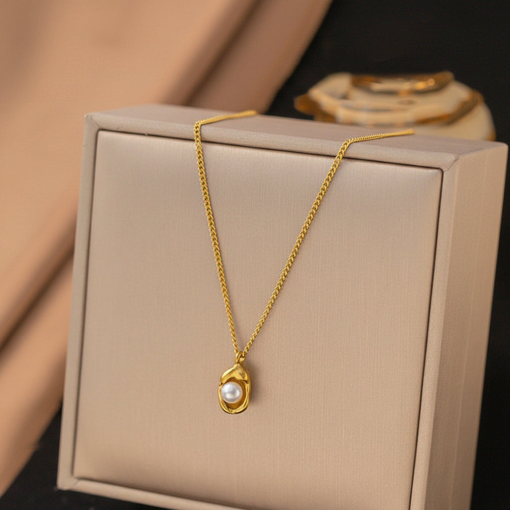 Gold Plated Pearl Studded Contemporary Pendant Chain