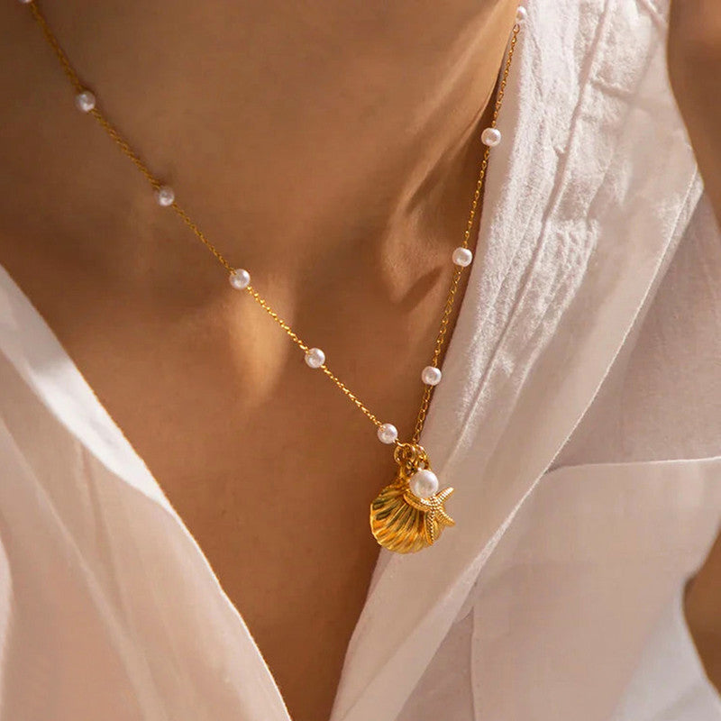 Gold Plated Pearl Star Fish Themed Pendant Chain