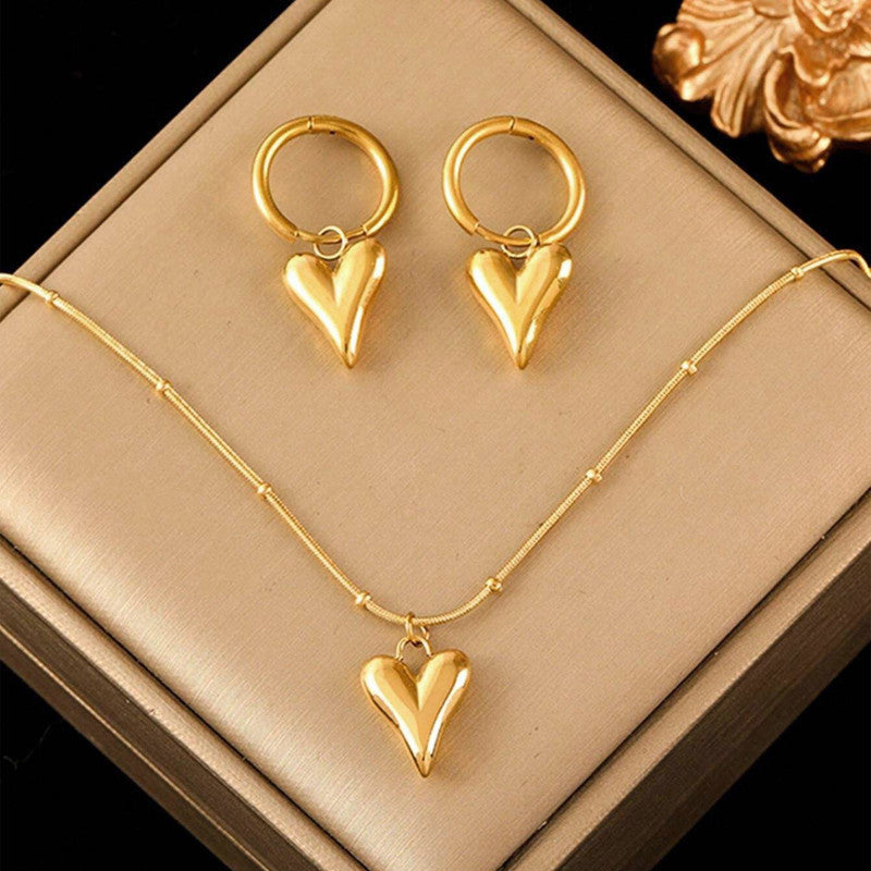 Gold Plated Heart Themed Jewellery set with Chain, Earrings and Bracelet