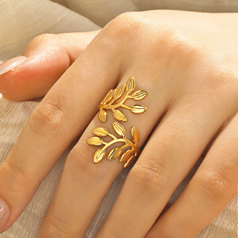 Gold Plated Leaf Themed Adjustable Finger Ring