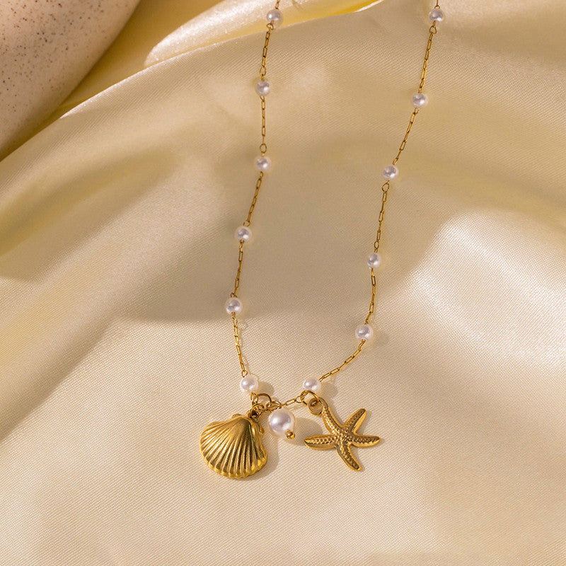 Gold Plated Pearl Star Fish Themed Pendant Chain