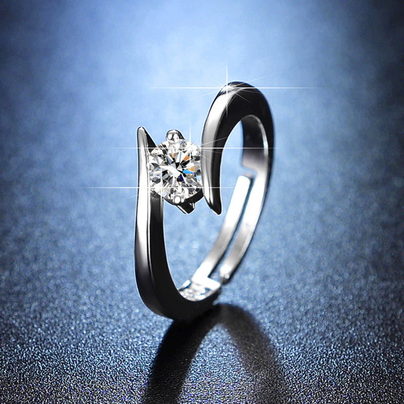 Silver Plated Crystal Studded Contemporary Solitaire Adjustable Finger Ring