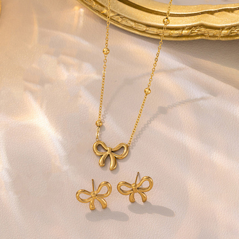 Gold Plated Infinite Bow Themed Jewellery set with chain,Earrings,Bracelet